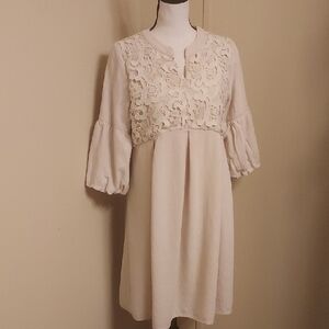 Hidden Alley Linen Rich Cream Dress With Lace Bodice